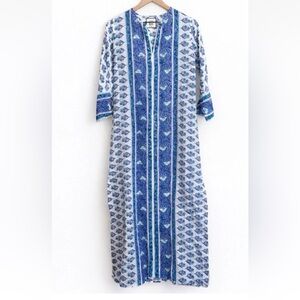 Alicia Bell Kaftan Style Dress Womens XS Silk Cotton Blue Block Print Boho